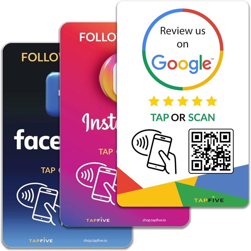 tapSnap TapFive Google Review Tap Cards + Follow Us & Facebook - 3-Pack Social Pack - Instant Reviews & Followers - Compatible All Phones - Reusable Tap NFC & QR - Image 1
